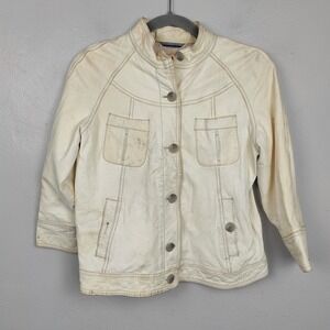 Vintage Y2K Gap Leather Jacket Womens Medium Ivory‎ Button Up 3/4 Sleeve Vtg 90s